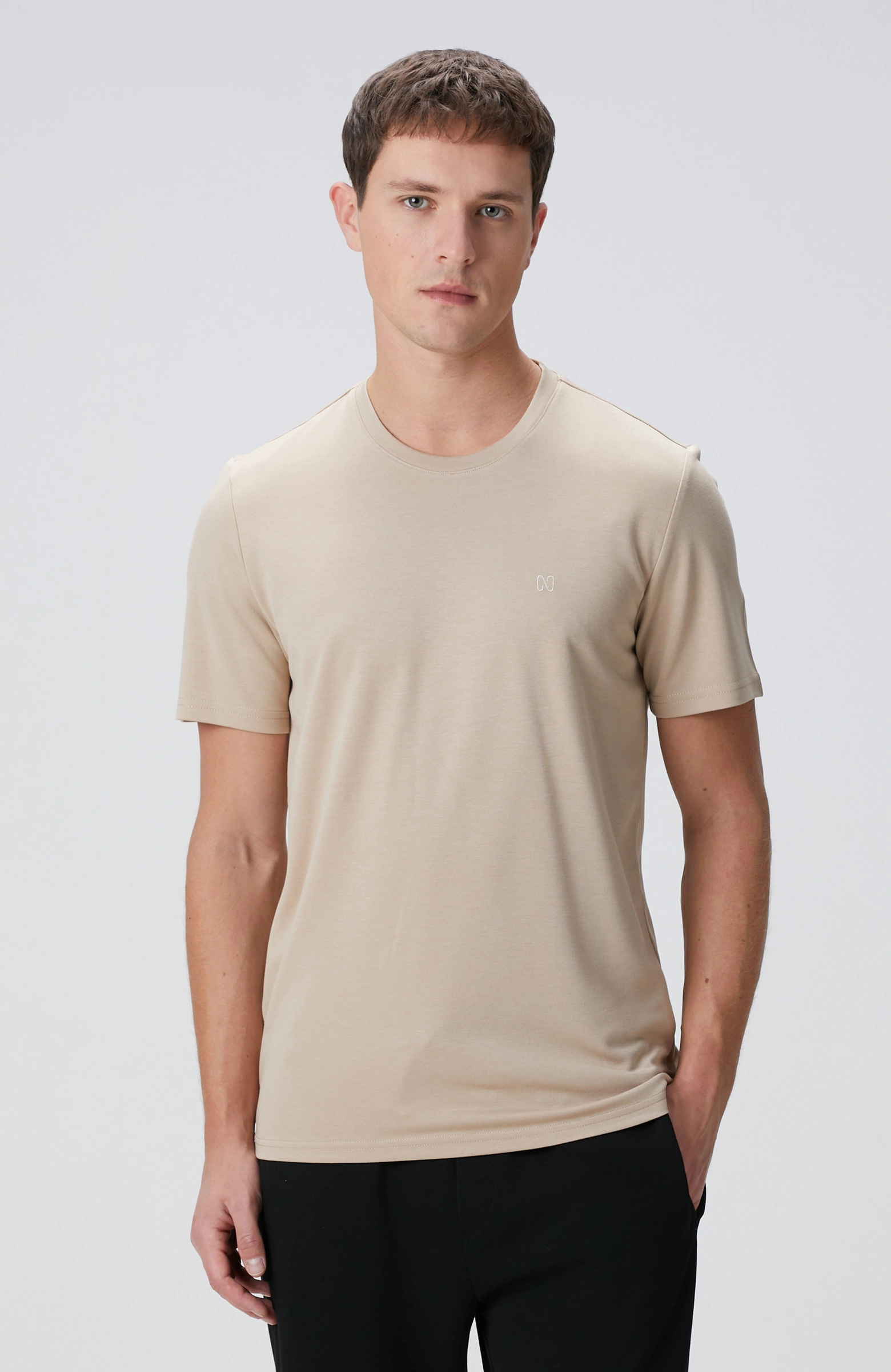 8683798803576_1 Bisiklet Yaka Bej T-Shirt Erkek - Görsel 1