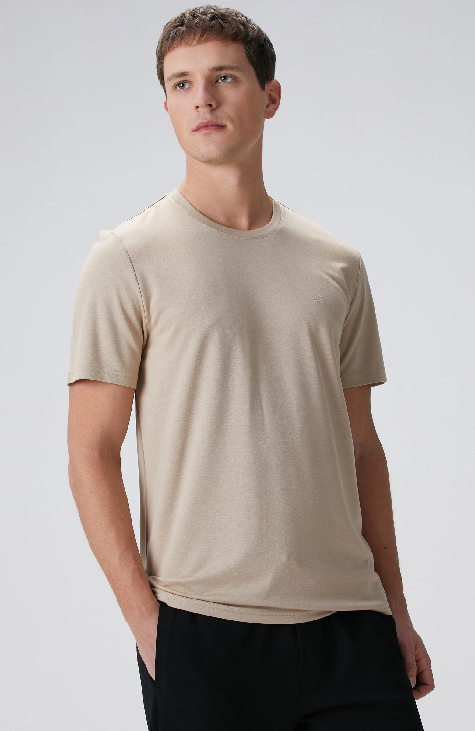 8683798803576_2 Bisiklet Yaka Bej T-Shirt Erkek - Görsel 2