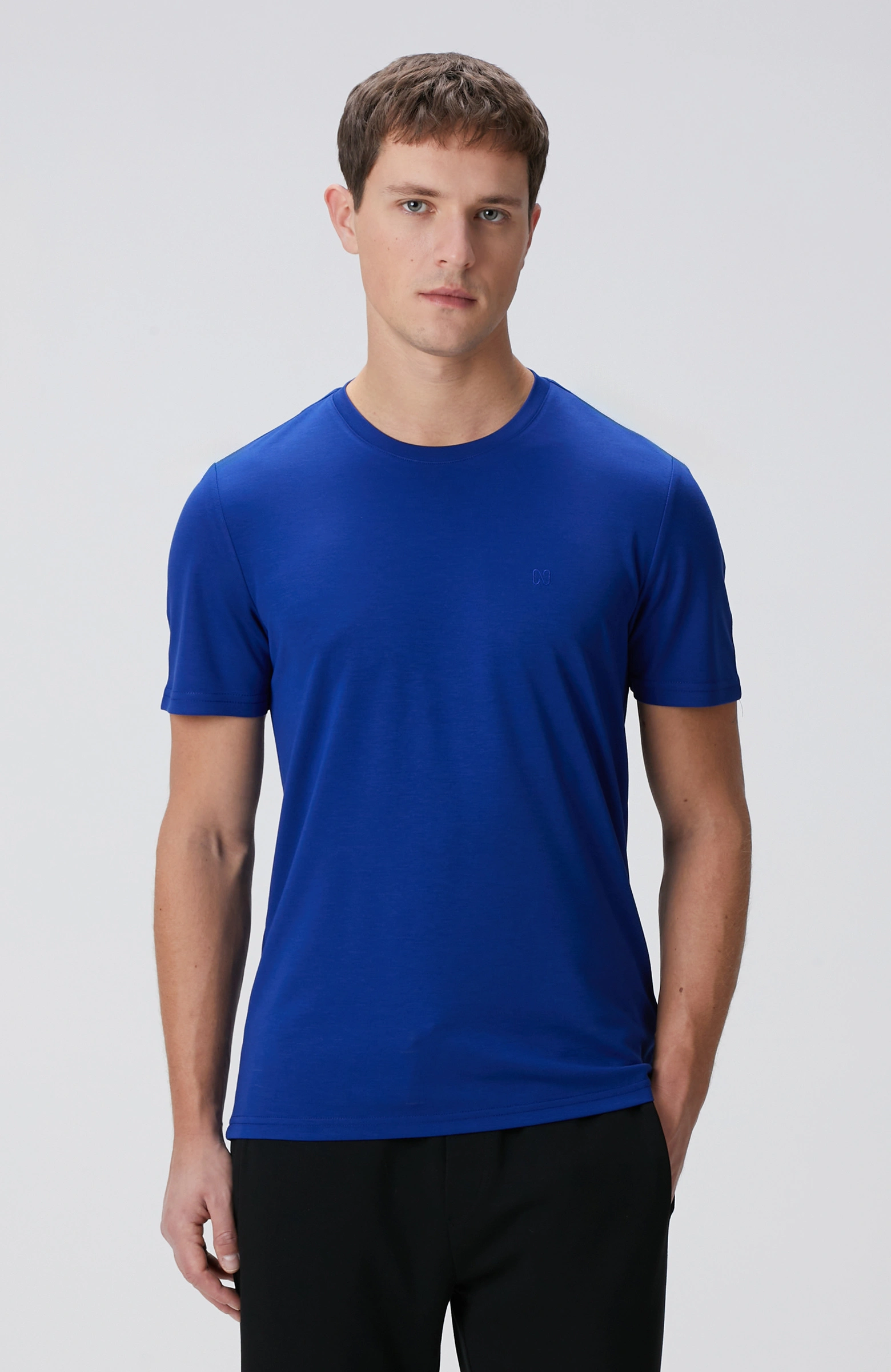 8683798803620_1 Bisiklet Yaka Saks Mavi T-Shirt Erkek - Görsel 1