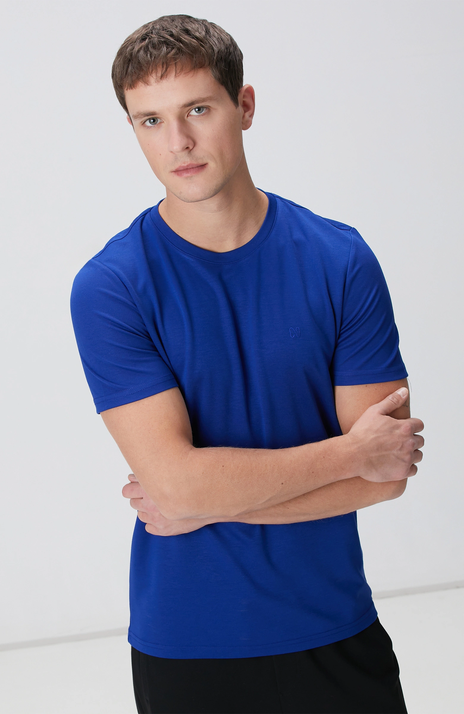 8683798803620_2 Bisiklet Yaka Saks Mavi T-Shirt Erkek - Görsel 2